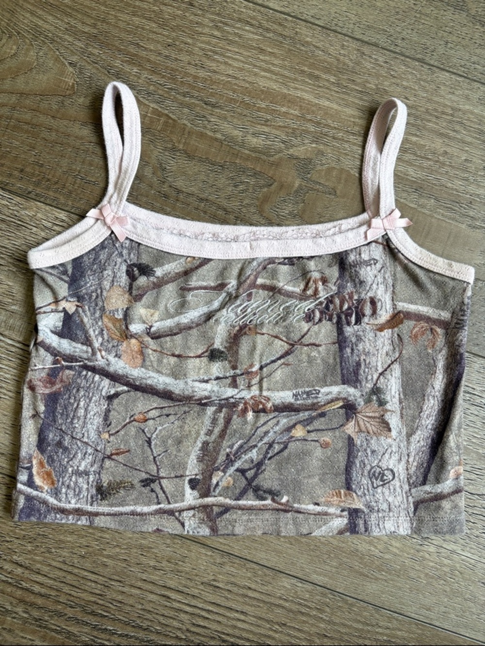 Named Collective Forbidden Pointelle Cami Cropped Logo Tank Top Tree Camo Print